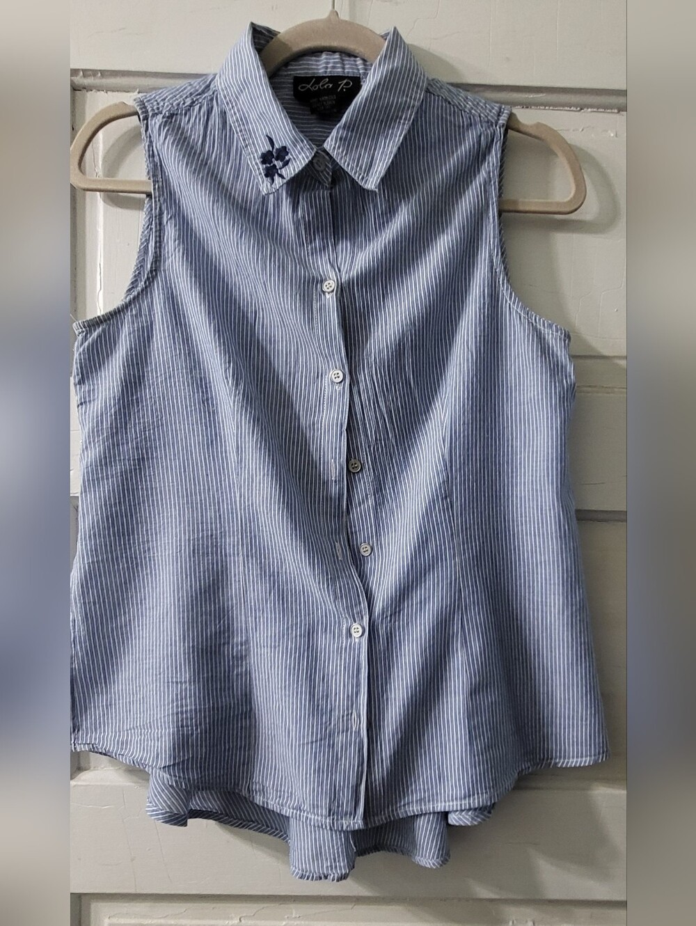 Lola P Small Cotton Sleeveless Blue Striped Button-Up Girlhoodcore Top